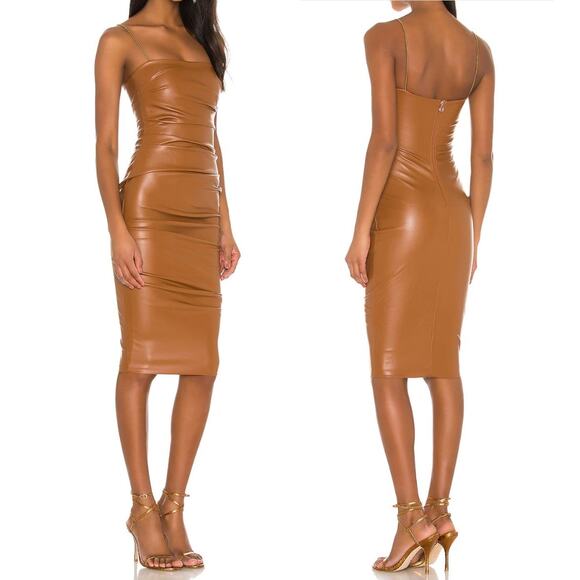 Nookie Dresses & Skirts - NWT Nookie Revolve Posse Midi Dress Small Brown Faux Leather Fitted Ruched Celeb